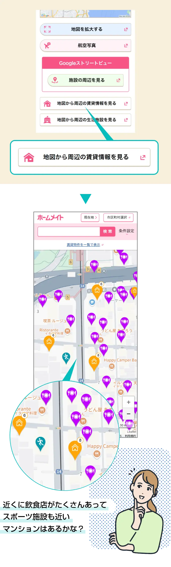 地図から検索機能のイメージ:近くに飲食店がたくさんあってスポーツ施設も近いマンションはあるかな?